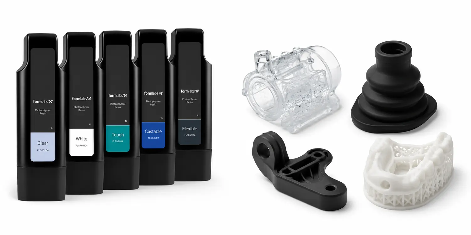Range of Formlabs resins and parts printed in SLA on Form 4