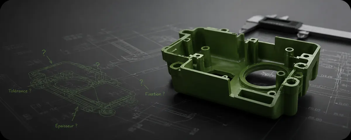 3D-printed part on a technical background